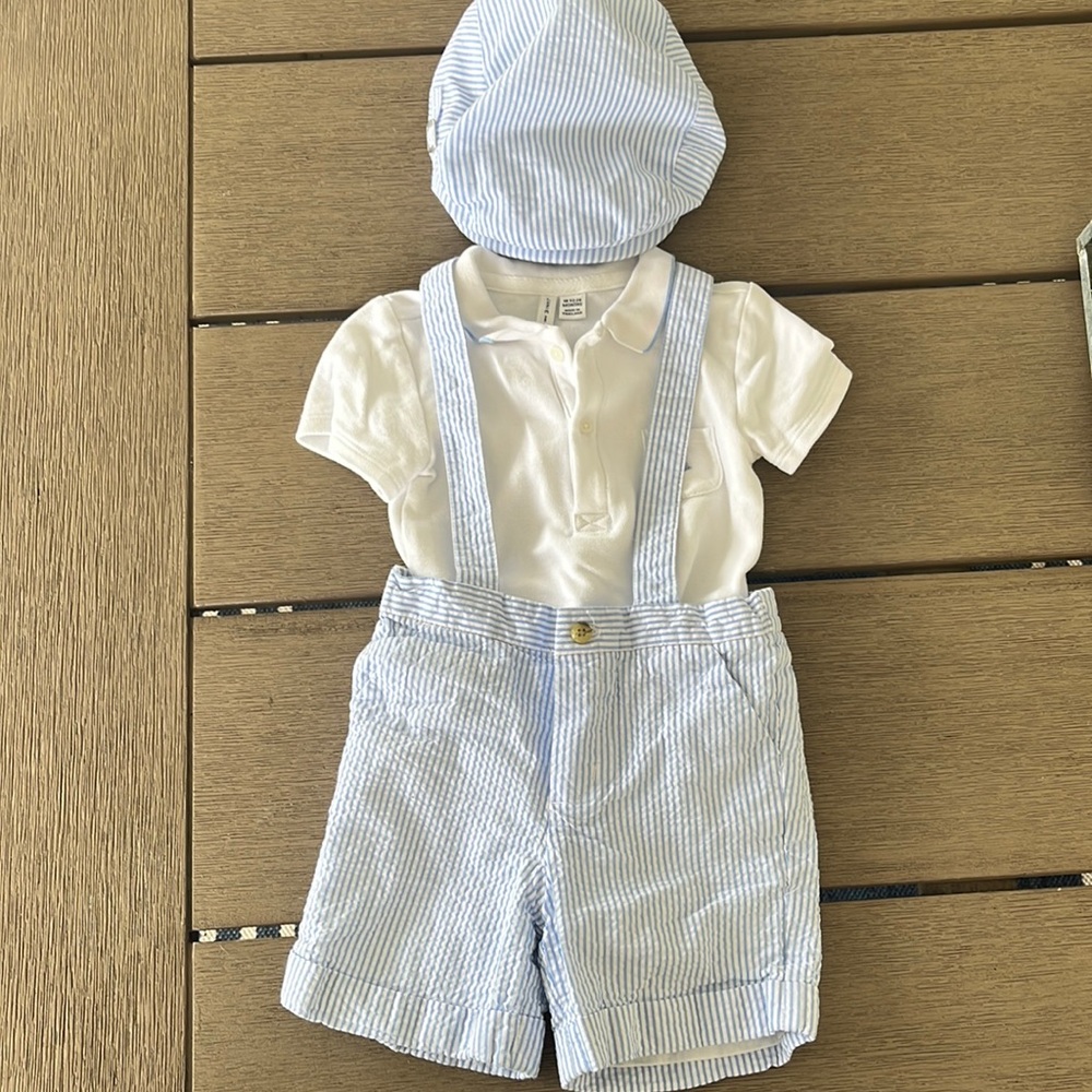 Blue dear sucker overall shorts, matching newsboy hat and white polo.